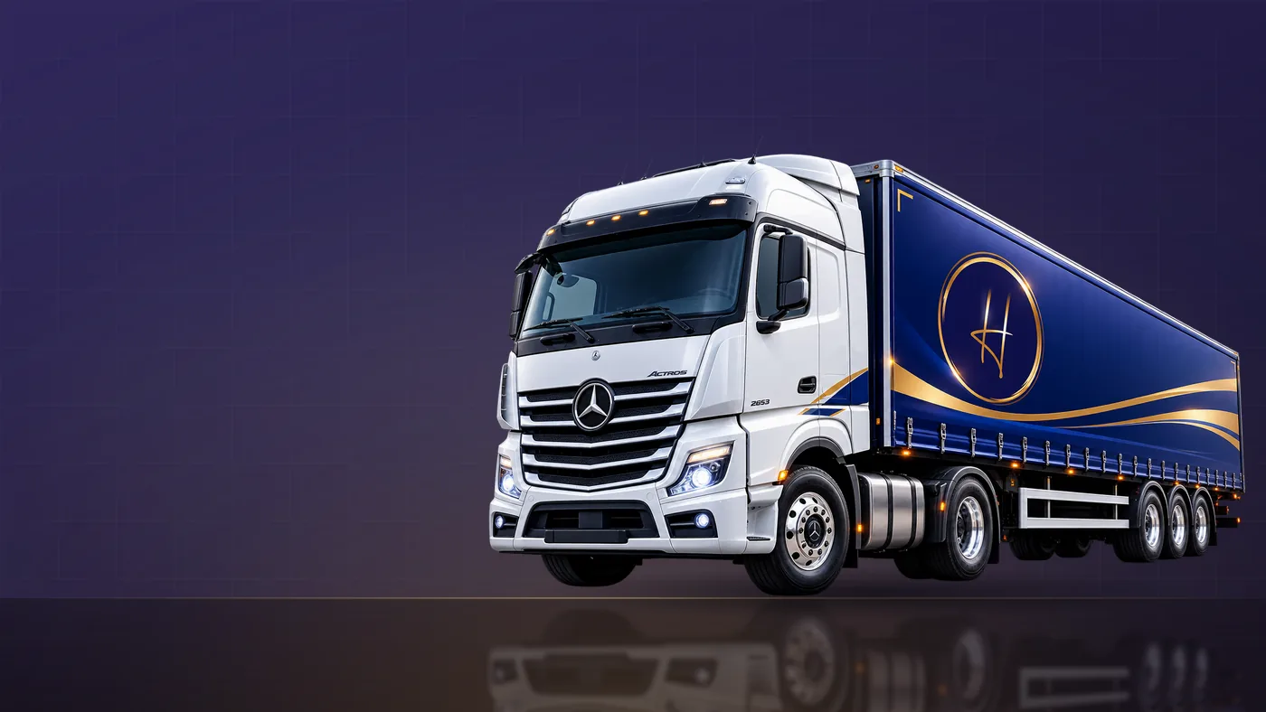 HS Transport Mercedes-Benz Actros prime mover and curtain-side trailer in navy and gold livery