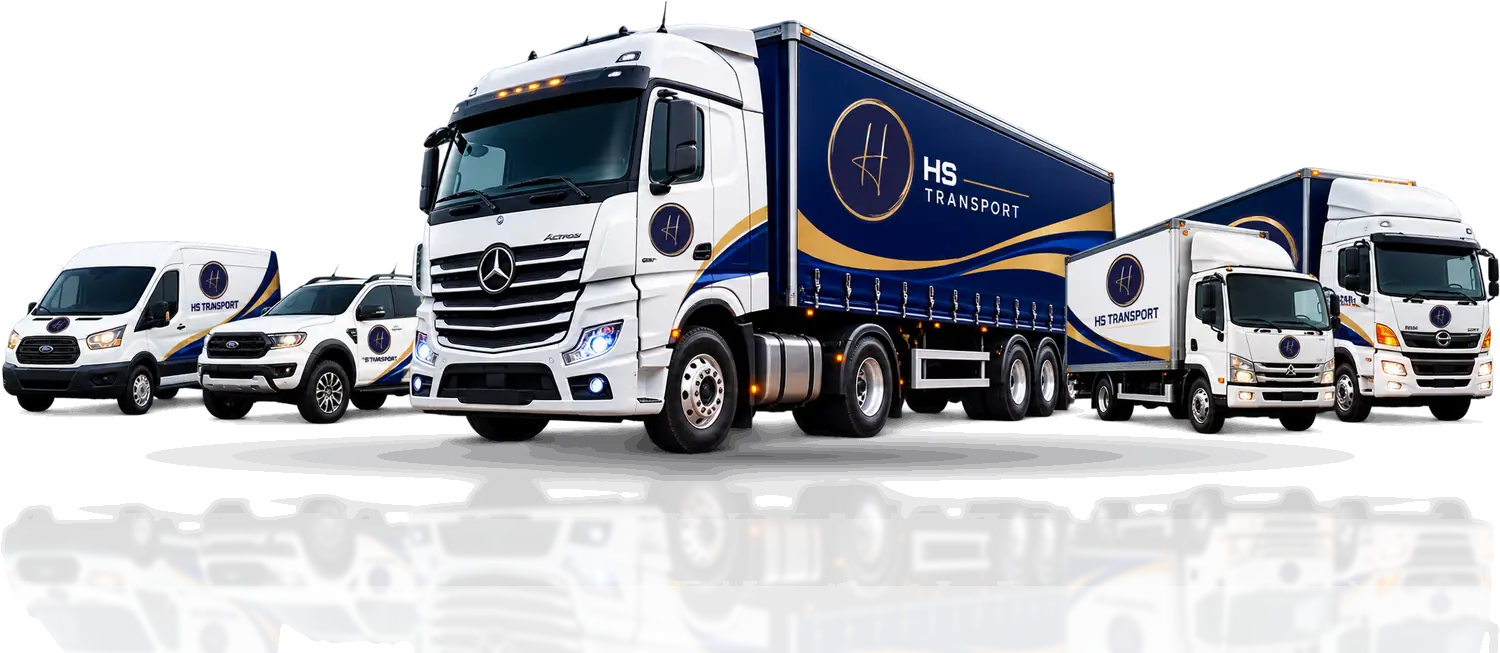 The HS Transport fleet — Mercedes-Benz Actros prime mover with curtain-side trailer, rigid box trucks, a van and a ute, in HS navy and gold livery